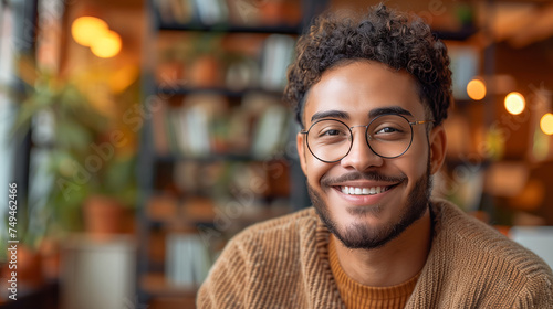 Portrait of a handsome young smiling African American man wearing glasses sitting in a coffee shop © Ratthamond