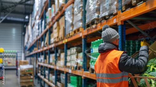 A diligent warehouse worker in a beanie and safety vest arranges produce on a shelf in a blurry, large industrial storage space.