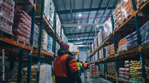 Worker in winter clothing inspects goods in a cold, large-scale warehouse distribution center, ensuring stock levels.
