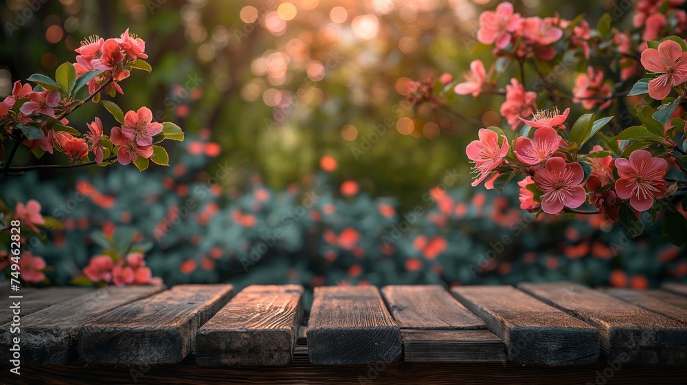 Wooden table with spring leaves and flowers on bokeh background