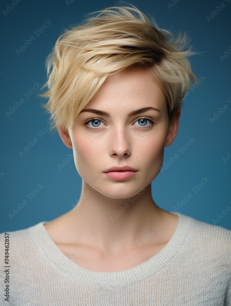 Naklejka premium young pretty woman with short blonde hair and blue eyes