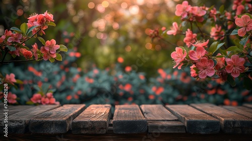 Wooden table with spring leaves and flowers on bokeh background © natalikp