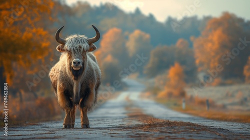 Yak walking in the middle of the road