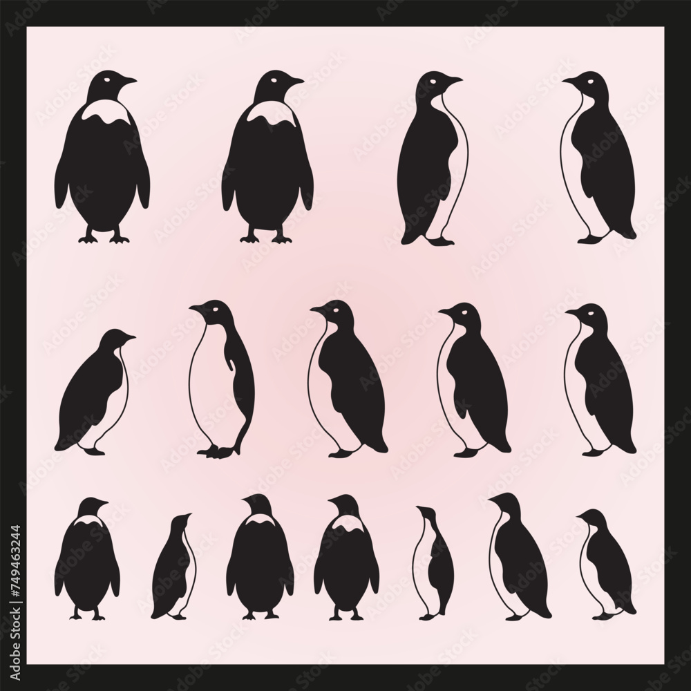 Naklejka premium Penguin silhouette set Clipart on a hex color background