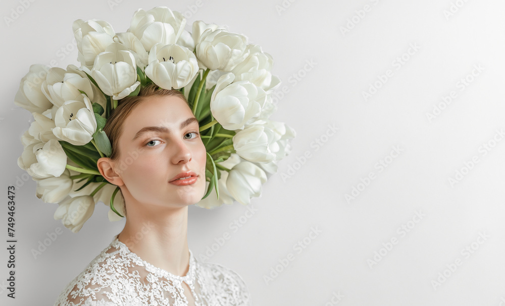 Obraz premium portrait of a beautiful woman with white tulip flowers in hair