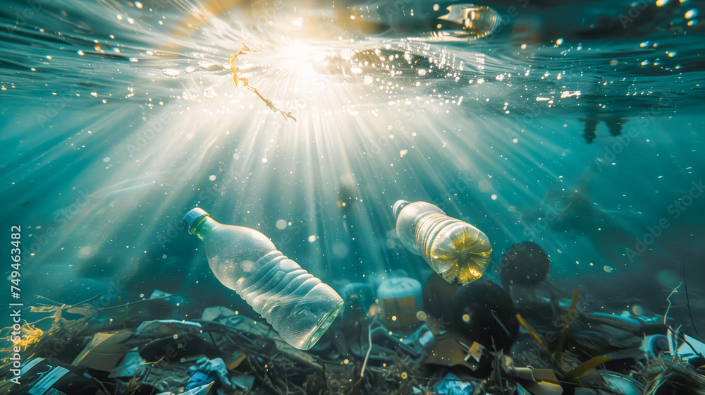 underwater view of plastic bottles. Pollution concept
