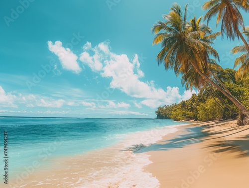 Serene tropical beach with golden sand, palm trees, and crystal-clear waters under a bright blue sky. Perfect for relaxation and travel themes © cherezoff