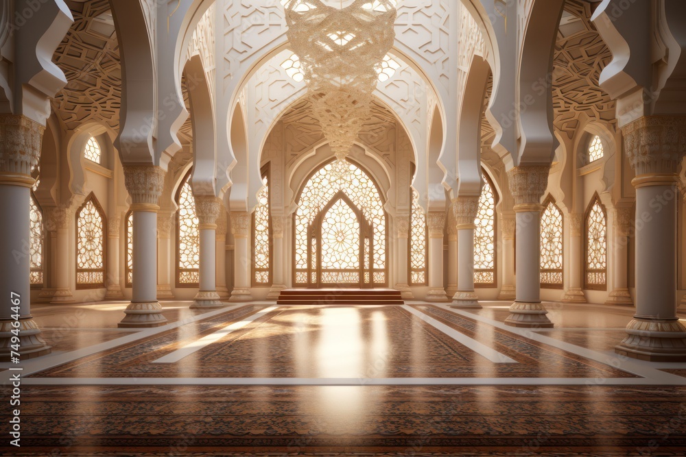 3d rendering of golden white mosque Ramadan Kareem background with mosque windows