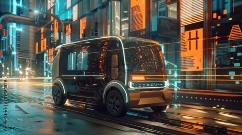 An autonomous electric vehicle drives through a futuristic city with neon lights and high-tech infrastructure, depicting smart urban transportation.