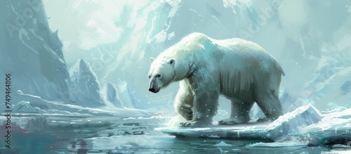 A polar bear walks across a body of water  breaking ice with its massive paws as it moves. The bears thick  white fur contrasts with the icy blue water beneath it.