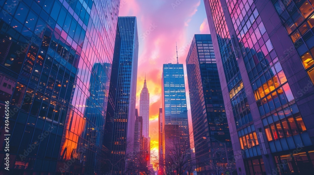 Modern skyscrapers piercing the sky in a bustling urban landscape at twilight. Modern skyscrapers piercing the sky in a bustling urban landscape at twilight.