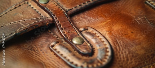 A detailed close-up of a vintage brown leather handbag, showcasing intricate fastenings and seams. The rich texture and craftsmanship of the bag are prominently featured in this image.