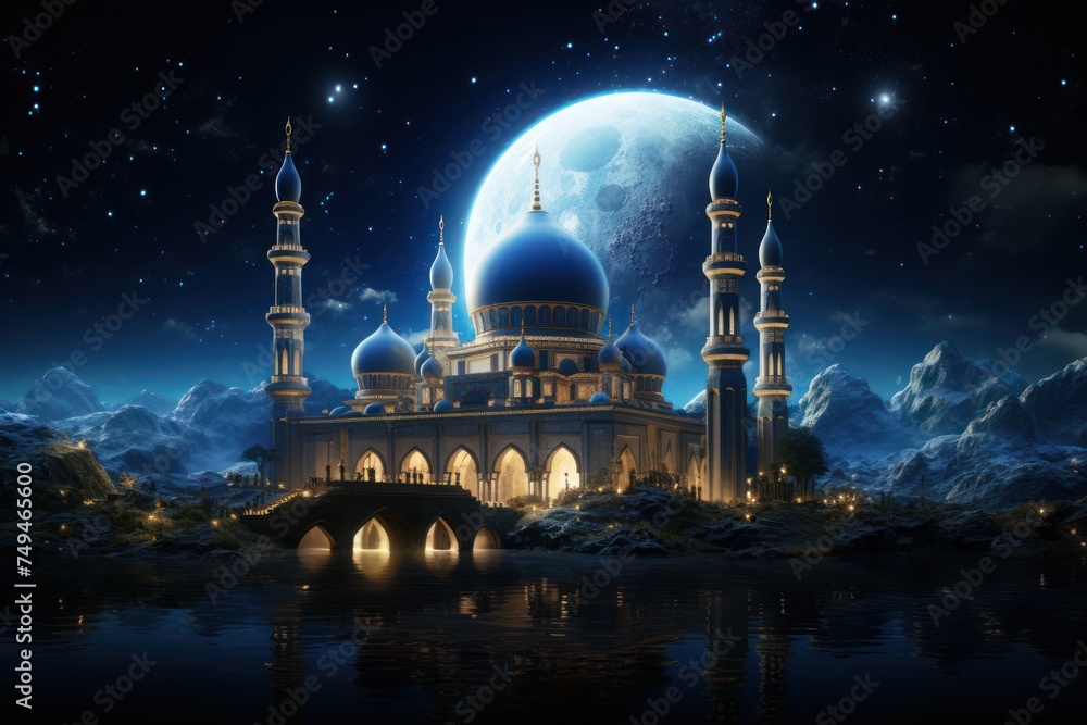 illustration of a magnificent mosque at midnight full moon