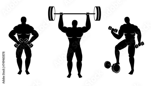 Muscular athletic bodybuilder workout with dumbbell and lifting weights. Bodybuilding icon set isolated on white background.