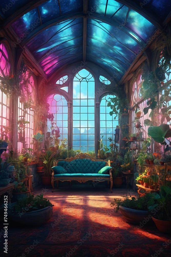 Magic medieval Greenhouse with cinematic lighting with a big windows. Magic medieval Greenhouse with cinematic lighting with a big windows.