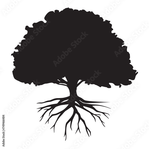 Black silhouette oak tree with roots