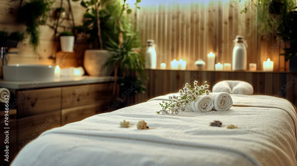 Serene spa setting with candles and towels