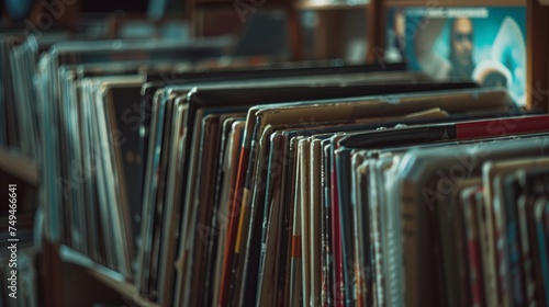 close up vinyl records on a shelf 