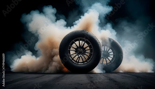 a pair of car tires from the side in smoke on a black background