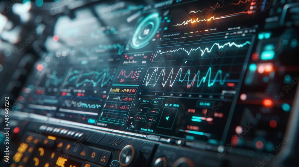 A close-up view of a complex data analysis dashboard with multiple graphs and indicators in a high-tech environment. A close-up view of a complex data analysis dashboard with multiple graphs and indicators in a high-tech environment.