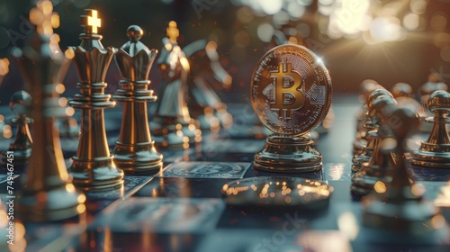 A conceptual stock photo depicting a Bitcoin coin among chess pieces on a chessboard, illustrating strategic financial planning. photo