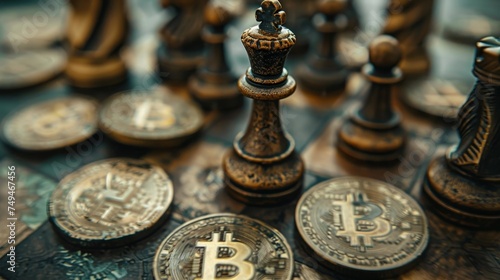 Antique chess king stands among various Bitcoin coins, symbolizing the strategic positioning in the cryptocurrency market.