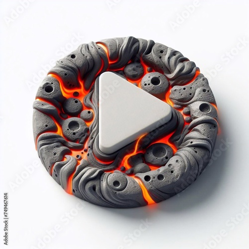 Play button made of raw stone and melting lava. AI generated illustration