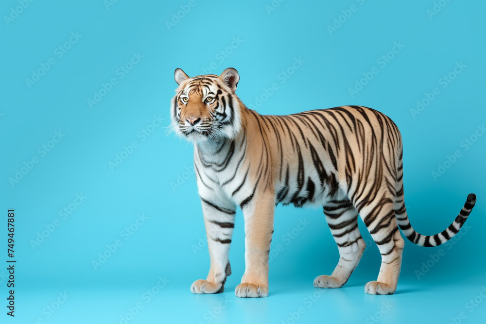 Obraz premium a tiger, cute, scary, isolated on pastel blue background, with copy space for text
