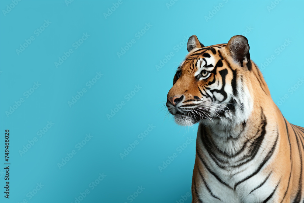 a tiger, cute, scary, isolated on pastel blue background, with copy space for text - obrazy, fototapety, plakaty 