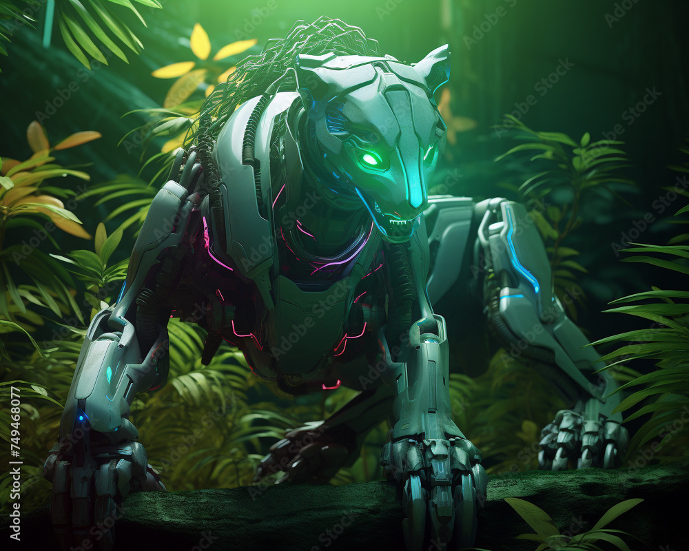 Wildthemed 3D render of a robotic lion with intricate neon detailing set in a lush digital jungle environment robot mechine Wildthemed 3D render of a robotic lion with intricate neon detailing set in a lush digital jungle environment robot mechine