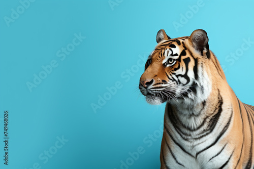 a tiger, cute, scary, isolated on pastel blue background, with copy space for text