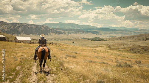 A cowboy on horseback traverses a picturesque, vast prairie with mountains in the background, evoking a sense of adventure and tranquility. © Victoriia