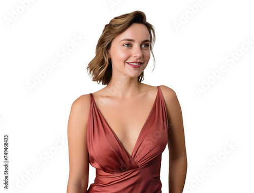 portrait of elegant gentle woman smiling in cocktail party dress looking away