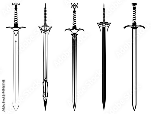 Sword outline SET. Ancient Longsword. Saber. Blade Tattoo. Vector illustration isolated on white background. photo