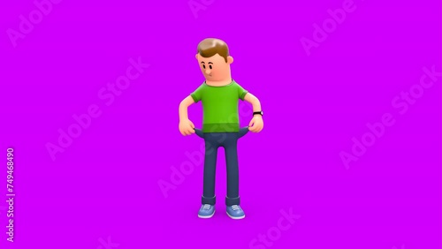 3D Animation of Money Flying Off From Cartoon Man's Pocket And Pulling Out Empty Pockets