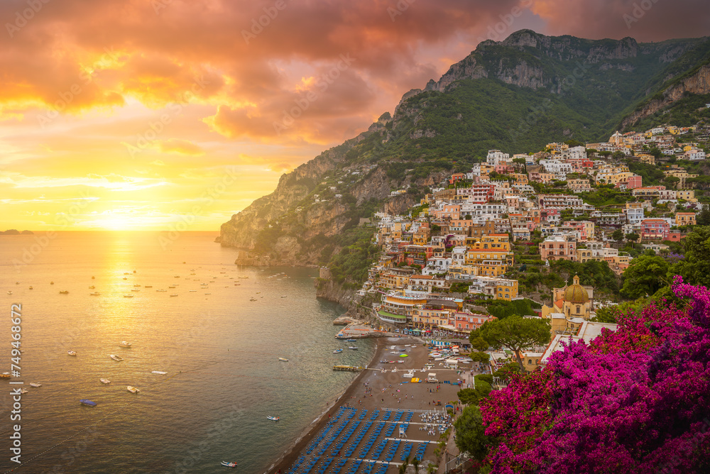 Landscape with Positano town at famous amalfi coast, Italy