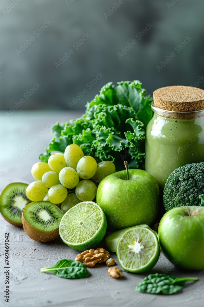 Vegetarian, alkaline food concept, smoothie with vegetables and fruits Vegetarian, alkaline food concept, smoothie with vegetables and fruits
