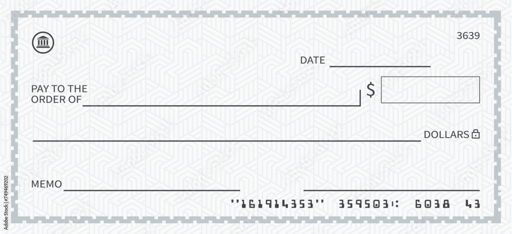 Bank check, vector blank money cheque for dollar currency, checkbook template with seamless pattern and border. Currency payment coupon, Blank money check in grey color vector illustration - obrazy, fototapety, plakaty 