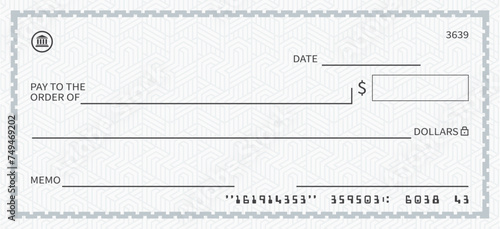 Bank check, vector blank money cheque for dollar currency, checkbook template with seamless pattern and border. Currency payment coupon, Blank money check in grey color vector illustration photo
