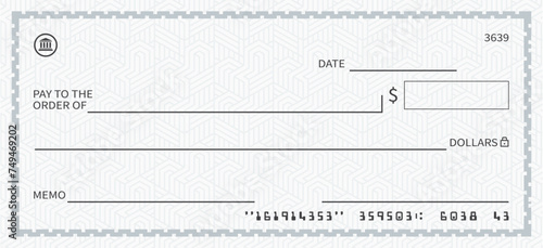 Bank check, vector blank money cheque for dollar currency, checkbook template with seamless pattern and border. Currency payment coupon, Blank money check in grey color vector illustration