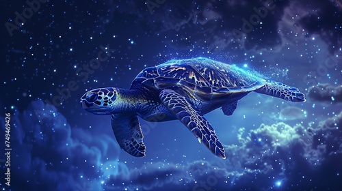 A cosmic sea turtle swims gracefully through a star-filled space, radiating a sense of magic and the vastness of the universe. photo