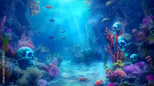 Skulls on the underwater with the colorful, Illustration © AI-Stocks