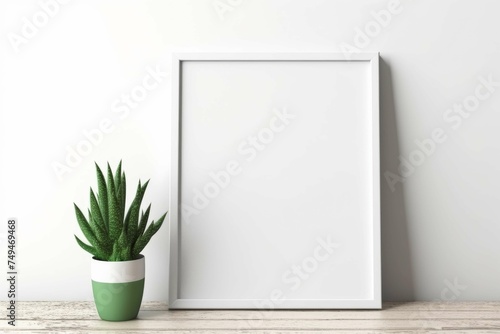 White empty vintage wooden picture frame hangs on a textured interior wall for a touch of architectural decoration with green plants close white wall. Frame mockup, 3d poster mockup 