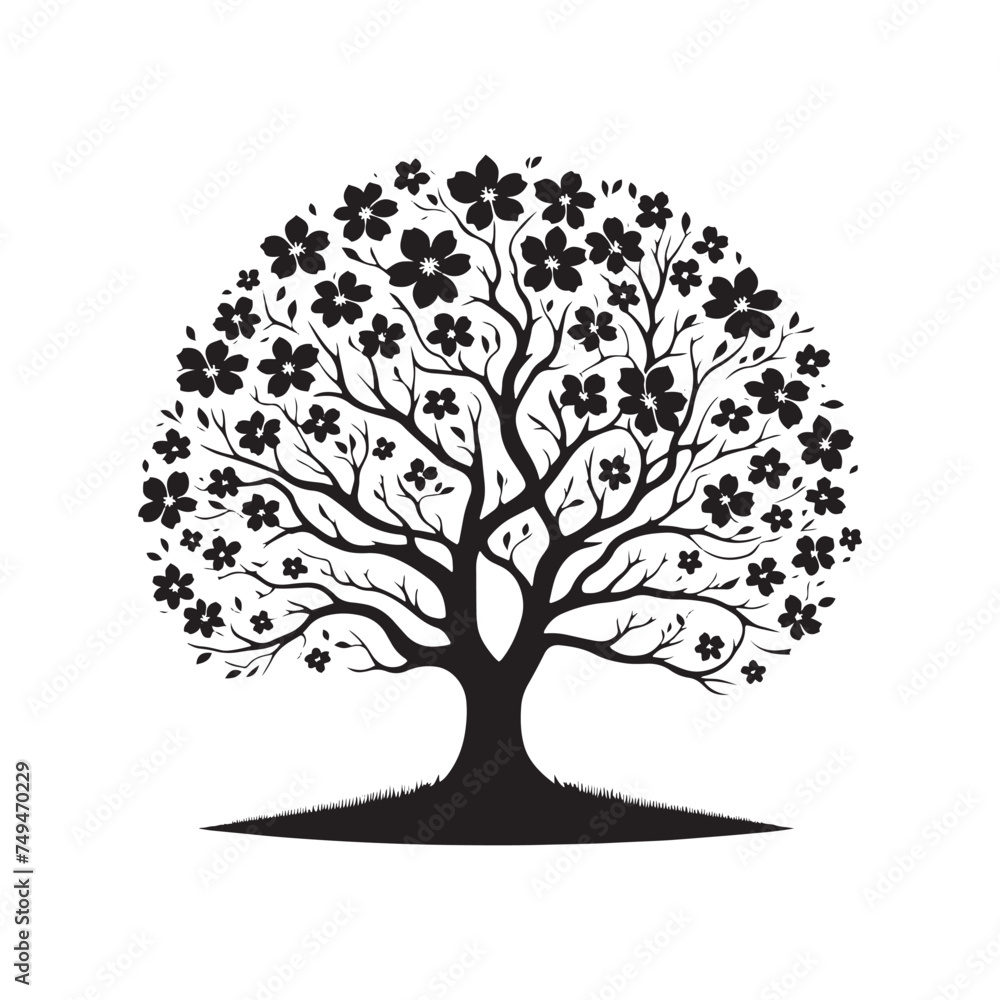 A Touch of Serenity: A Peaceful Dogwood Tree Silhouette Inspiring Calm - Illustration of Dogwood Tree - Vector of Dogwood Tree - Silhouette of Dogwood Tree

