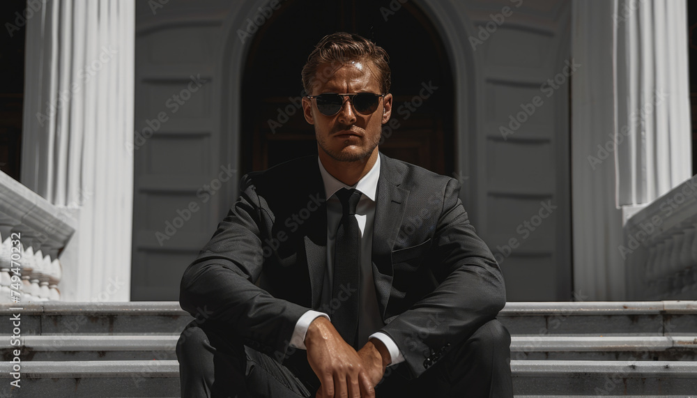 Portrait of a businessman with a case in his hands against the backdrop of a university. Portrait of a businessman with a case in his hands against the backdrop of a university.