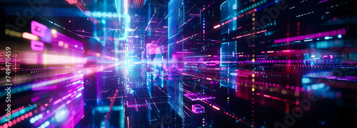 Dynamic digital data streams flow through a futuristic corridor; vibrant neon lights create a high-speed motion effect, illustrating complex computing or virtual reality. Futuristic background.