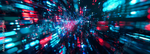 Dynamic digital data streams flow through a futuristic corridor  vibrant neon lights create a high-speed motion effect  illustrating complex computing or virtual reality. Futuristic background.