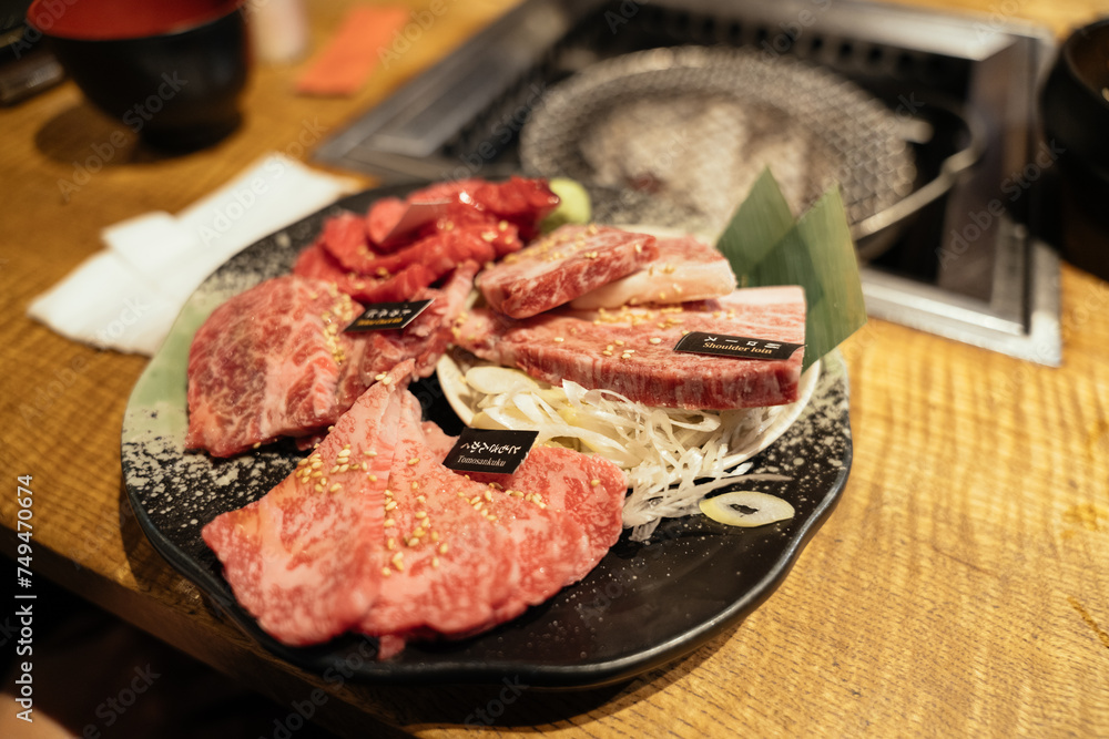 Top view of Premium Rare Slices of Wagyu for korean bbq