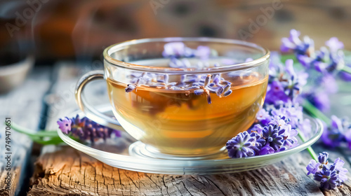 Steaming cup of herbal tea adorned with fresh lavender flowers, placed on a rustic wooden table, capturing the essence of a tranquil and aromatic experience.