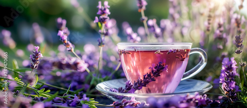 Steaming cup of lavender tea amidst blooming lavender  A serene and aromatic setting capturing the essence of a peaceful summer afternoon  highlighted by soft sunlight.